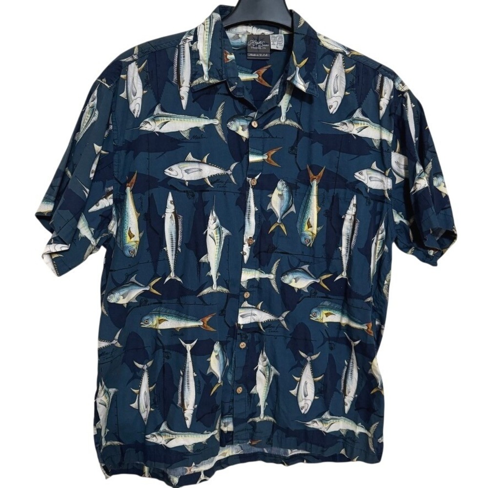 VTG High Seas Trading Co Button Down Shirt Mens L Fishing Types of Fish Vacation